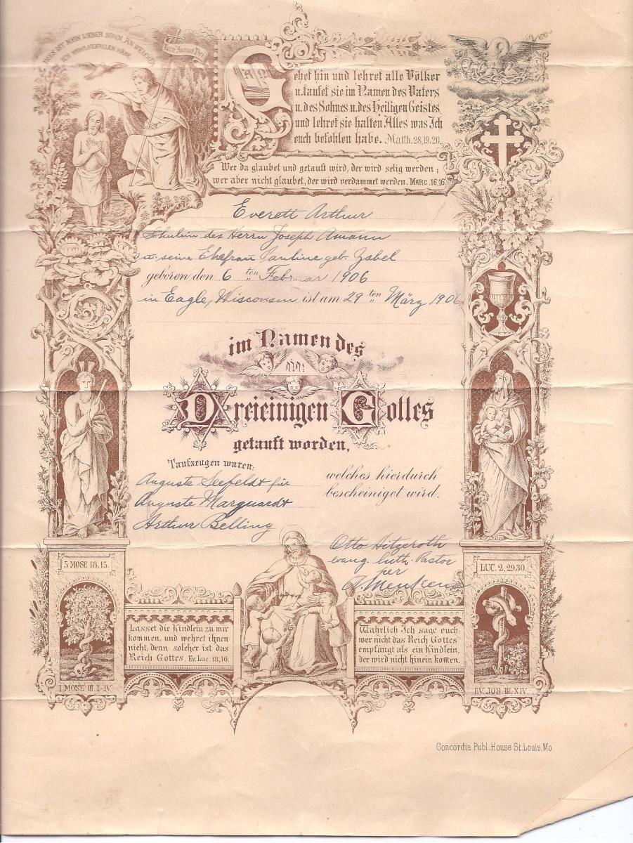 Baptism-Certificate-Everett-A-Amann-In-German-Ferbruary-6-1906